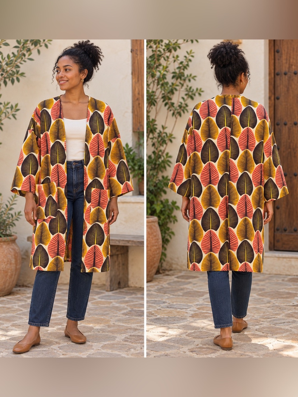 YEVU Leaf Print Open Front Kimono Duster Jacket Small Made in Ghana